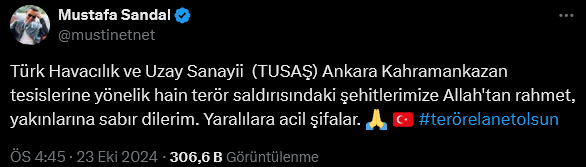 Screenshot 2024 10 24 At 12 15 13 X'te Mustafa Sandal Türk Havacılık Ve Uzay Sanayii (Tusaş) Ankara Kahramankazan Tesislerine Yönelik Hain Terör Saldırısındaki Şehitlerimize Allah'tan Rahmet Yakınlarına Sabır Diler[...]