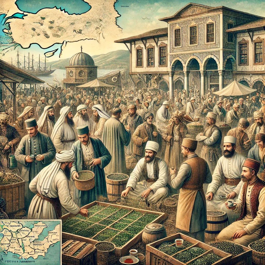 Dall·e 2024 11 21 13.50.07 A Detailed And Dynamic Illustration Representing The Transition Of Tea Trade From The Late Ottoman Empire To The Early Republic Of Turkey. The Scene S