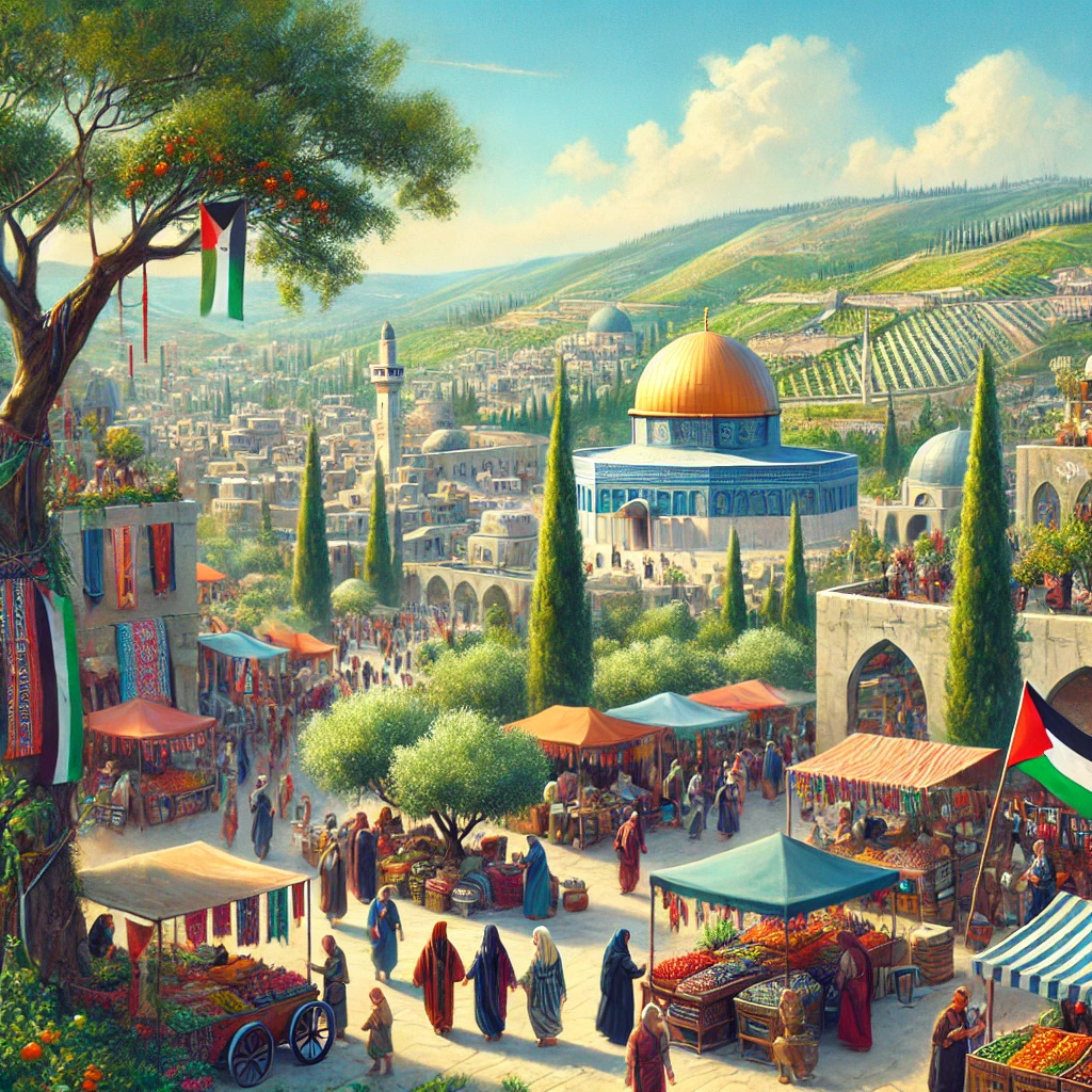 Dall·e 2024 12 13 16.17.09 A Utopian Illustration Of A Future Palestine Without Any Reference To Israel, Focusing On Peaceful And Vibrant Cultural Elements. The Image Shows Bust