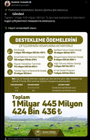 Screenshot 2024 12 13 At 14 19 45 X'te İbrahim Yumaklı 🌾 Üreticimizi Destekliyor Tarımın Gücüne Güç Katıyoruz. Toplam 1 Milyar 445 Milyon 424 Bin Tl Tarımsal Destekleme Ödemesini Bugün Çiftçilerimizin Hesaplarına [...]