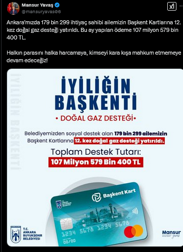 Screenshot 2025 02 11 At 11 56 51 (1) X'te Mansur Yavaş Ankara’mızda 179 Bin 299 Ihtiyaç Sahibi Ailemizin Başkent Kartlarına 12. Kez Doğal Gaz Desteği Yatırıldı. Bu Ay Yapılan Ödeme 107 Milyon 579 Bin 400 Tl. Halkı[...]