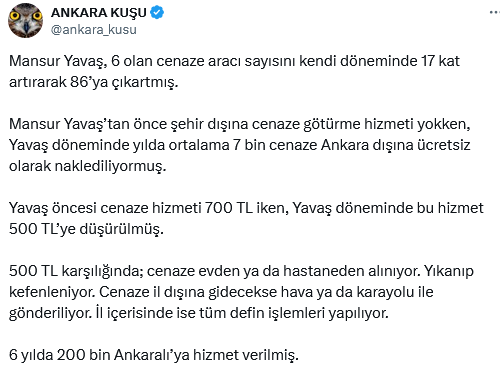 Screenshot 2025 03 03 At 22 49 39 X'te Ankara Kuşu Mansur Yavaş 6 Olan Cenaze Aracı Sayısını Kendi Döneminde 17 Kat Artırarak 86’Ya Çıkartmış. Mansur Yavaş’tan Önce Şehir Dışına Cenaze Götürme Hizmeti Yokken Yavaş [...]