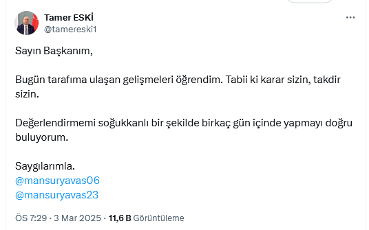 Screenshot 2025 03 04 At 17 57 02 X'te Tamer Eski̇ Sayın Başkanım Bugün Tarafıma Ulaşan Gelişmeleri Öğrendim. Tabii Ki Karar Sizin Takdir Sizin. Değerlendirmemi Soğukkanlı Bir Şekilde Birkaç Gün Içinde Yapmayı Doğru[...]