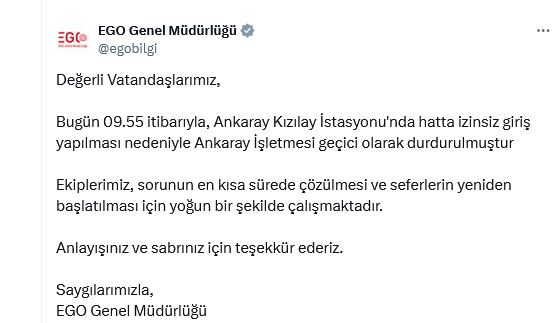 Screenshot 2025 03 19 At 10 55 18 X'te Ego Genel Müdürlüğü Değerli Vatandaşlarımız Bugün 09.55 Itibarıyla Ankaray Kızılay İstasyonu'nda Hatta Izinsiz Giriş Yapılması Nedeniyle Ankaray İşletmesi Geçici Olarak Durdur[...]