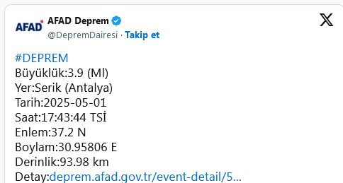 Screenshot 2025 05 01 At 18 40 20 Antalya'da 3.9 Büyüklüğünde Deprem!