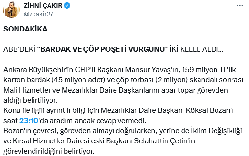 Screenshot 2025 05 10 At 14 34 30 X'te Zi̇hni̇ Çakir Sondaki̇ka Abb'deki̇ Bardak Ve Çöp Poşeti̇ Vurgunu İki̇ Kelle Aldi... Ankara Büyükşehir'in Chp'li Başkanı Mansur Yavaş'ın 159 Milyon Tl’lik Karton Bardak (45 Milyon Ad[...]