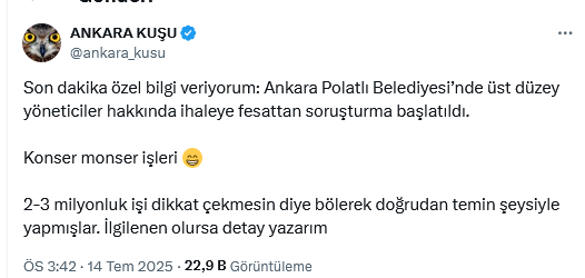 Screenshot 2025 07 14 At 16 06 38 X'te Ankara Kuşu Son Dakika Özel Bilgi Veriyorum Ankara Polatlı Belediyesi’nde Üst Düzey Yöneticiler Hakkında Ihaleye Fesattan Soruşturma Başlatıldı. Konser Monser Işleri 😁 2 3 Mi[...]