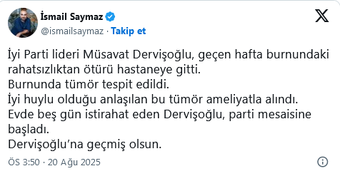 Screenshot 2025 08 20 At 17 37 51 İyi̇ Parti Lideri Dervişoğlu Ameliyat Oldu Burnunda Tümör Tespit Edildi