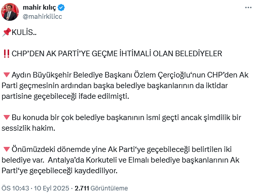 Screenshot 2025 09 11 At 12 26 19 X'te Mahir Kılıç 📌Kuli̇s.. ‼️Chp’den Ak Parti̇’ye Geçme İhti̇mali̇ Olan Beledi̇yeler 🔻Aydın Büyükşehir Belediye Başkanı Özlem Çerçioğlu‘nun Chp’den Ak [...]