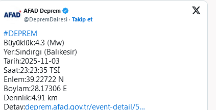 Screenshot 2025 11 04 At 00 04 49 Balıkesir'de 4 3 Büyüklüğünde Deprem Oldu