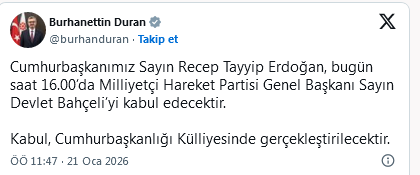 Screenshot 2026 01 21 At 12 02 32 Cumhurbaşkanı Erdoğan Bahçeli'yi Cumhurbaşkanlığı Külliyesi'nde Kabul Edecek