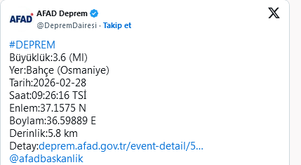 Screenshot 2026 02 28 At 10 06 32 Osmaniye'de 3 6 Büyüklüğünde Deprem!