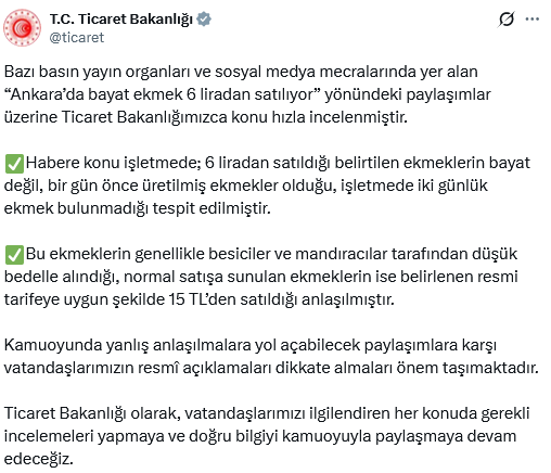 Screenshot 2026 03 24 At 11 54 35 (1) X'te T.c. Ticaret Bakanlığı Bazı Basın Yayın Organları Ve Sosyal Medya Mecralarında Yer Alan “Ankara’da Bayat Ekmek 6 Liradan Satılıyor” Yönündeki Paylaşımlar Üzerine Ticaret B[...]