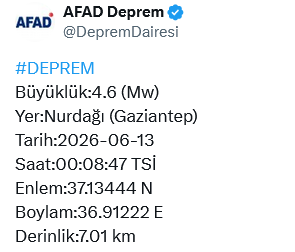 Screenshot 2026 06 13 At 00 53 38 (1) X'te Afad Deprem #Deprem Büyüklük 4.6 (Mw) Yer Nurdağı (Gaziantep) Tarih 2026 06 13 Saat 00 08 47 Tsi̇ Enlem 37.13444 N Boylam 36.91222 E Derinlik 7.01 Km Detay Https T.co Cqo[...]
