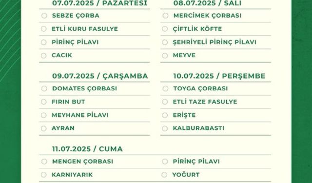 Çankaya Belediyesi bu hafta kent lokantasının menüsünü paylaştı