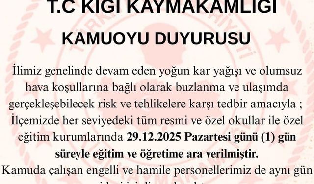 Bingöl’de kar tatili: Kiğı ve Adaklı’da okullar 1 gün tatil edildi