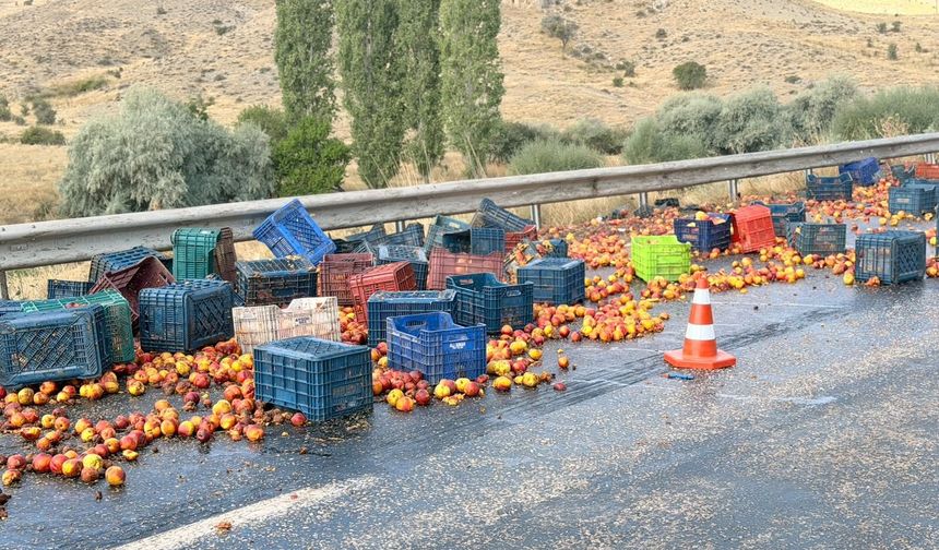 Ankara’da tırın dorsesi yan yattı, şeftaliler yola saçıldı